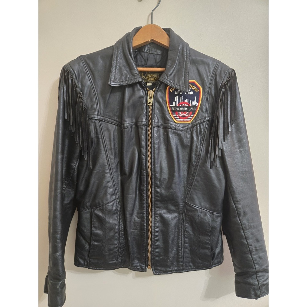 Branded Garments Leather Fringe Jacket FDNY Harley Davidson Patch Black Size‎ 38